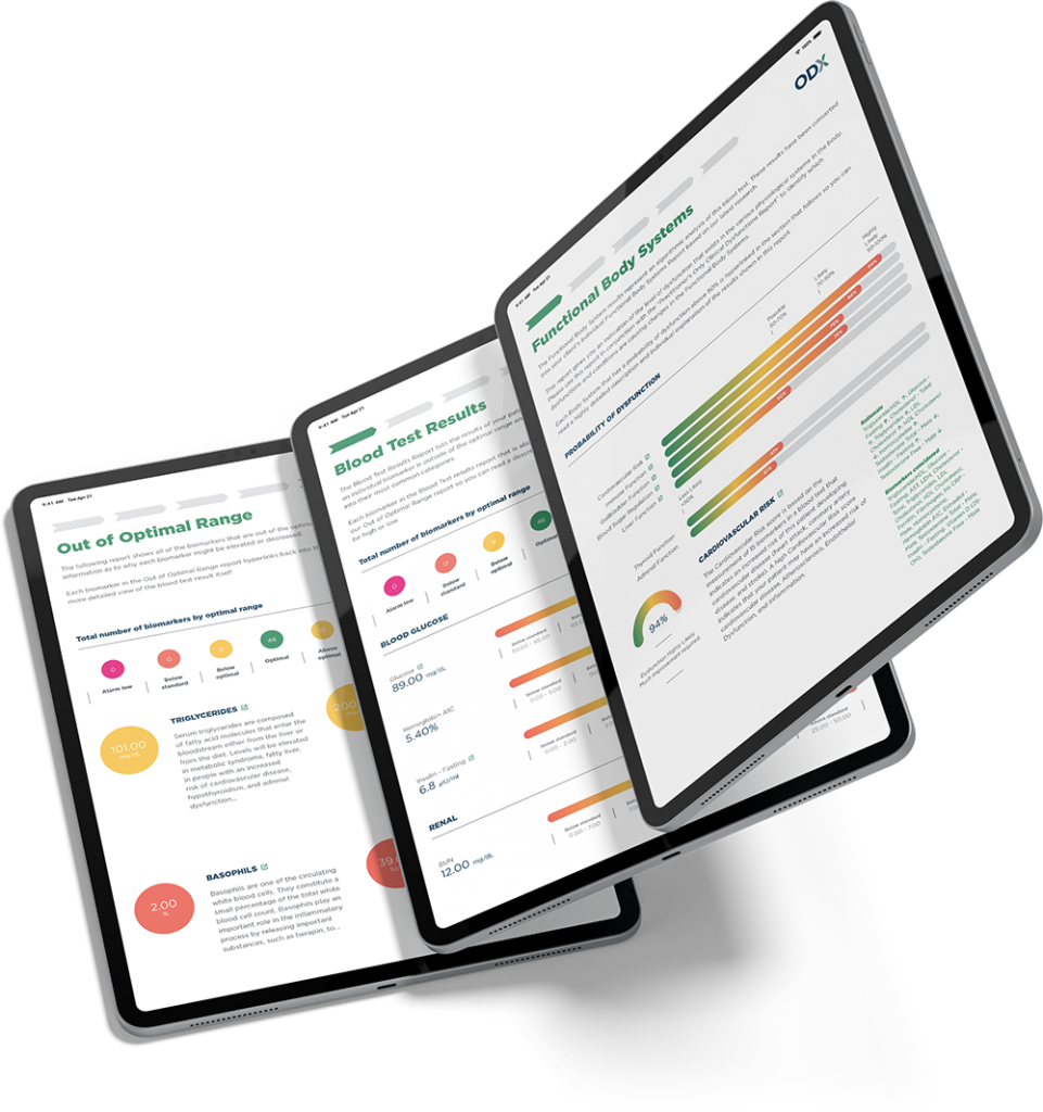 Tablets displaying health assessment reports.